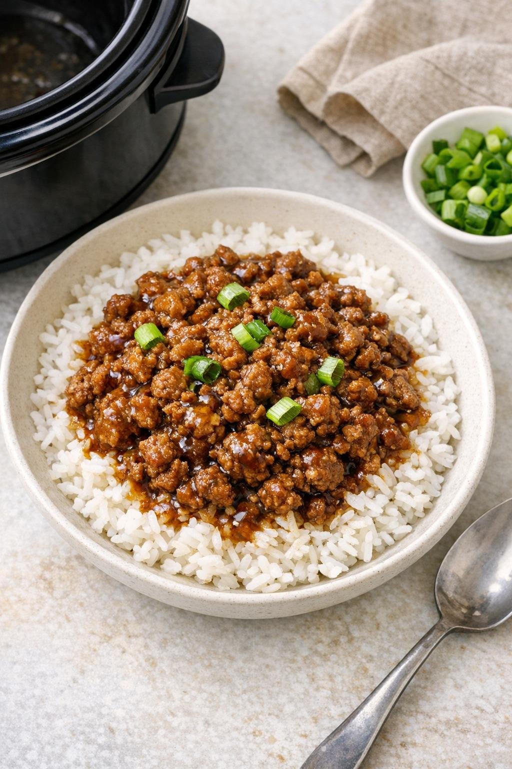 Finished slow cooker ground pork served over rice