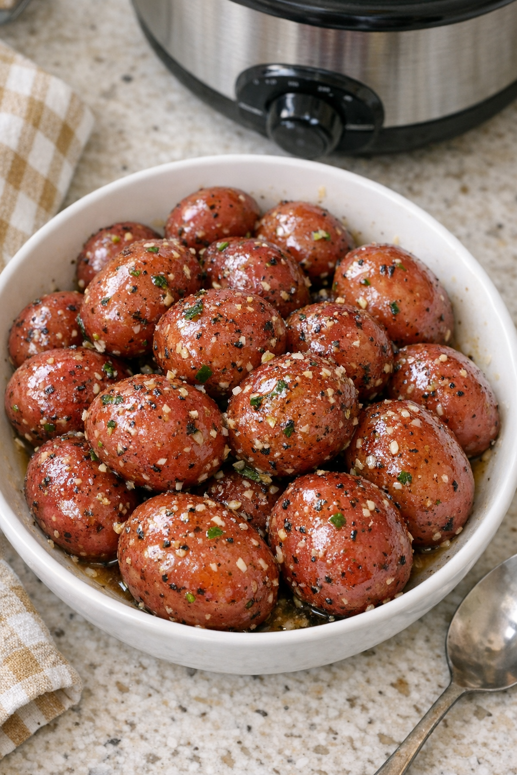 Finished slow cooker baby red potatoes in a serving bowl