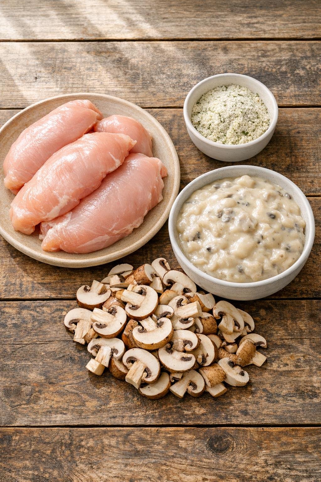 Kip, champignons, soep en kruiden