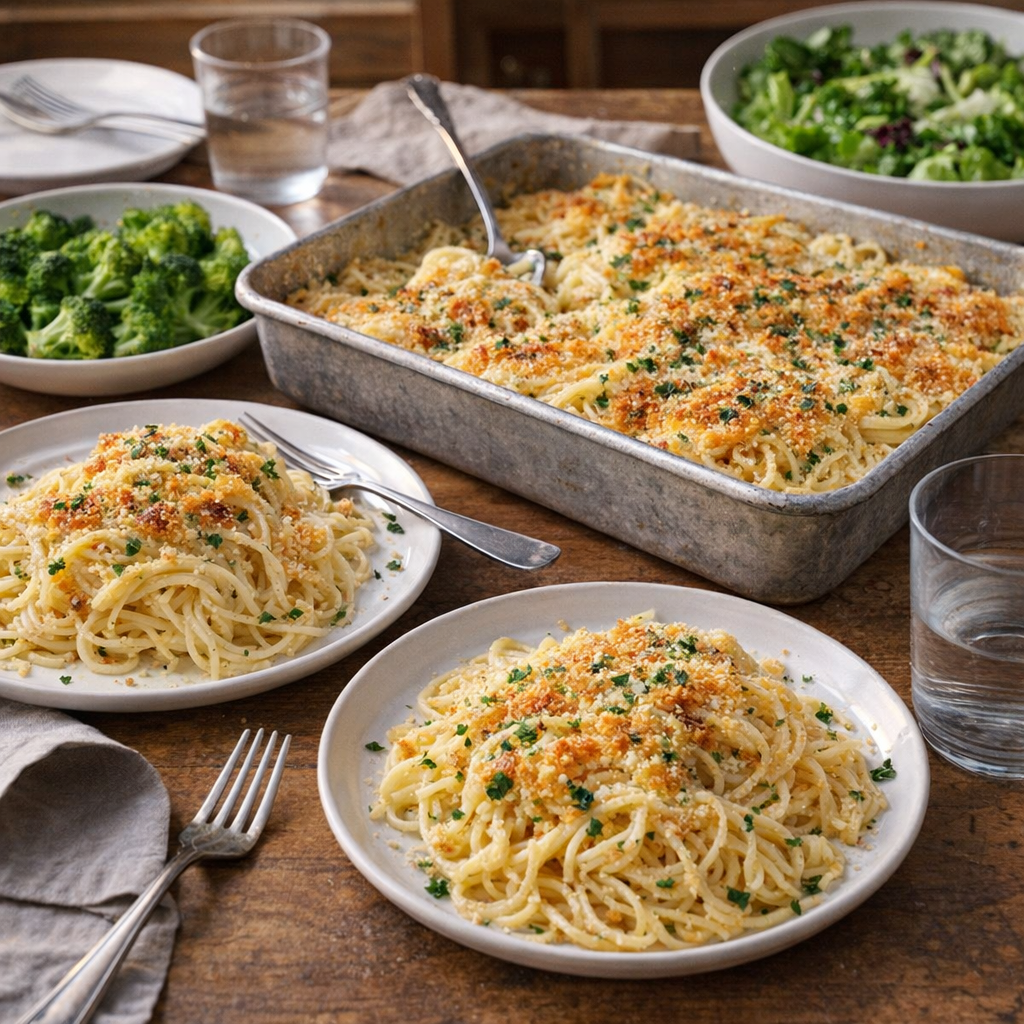 Garlic parmesan noodles served with family-friendly side dishes