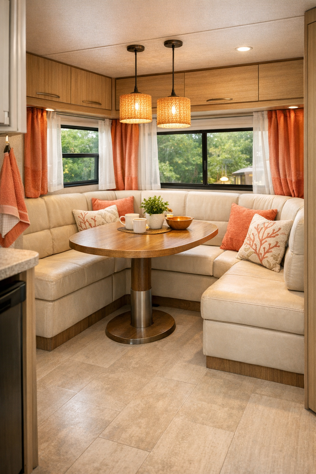 Compact RV dining nook with banquette seating and rounded table