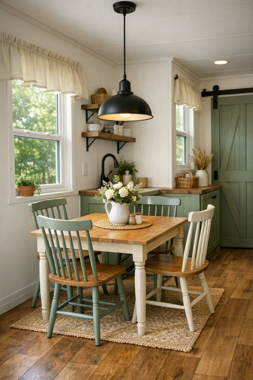 Small farmhouse dining area with a natural wood table, simple chairs, and pendant lighting