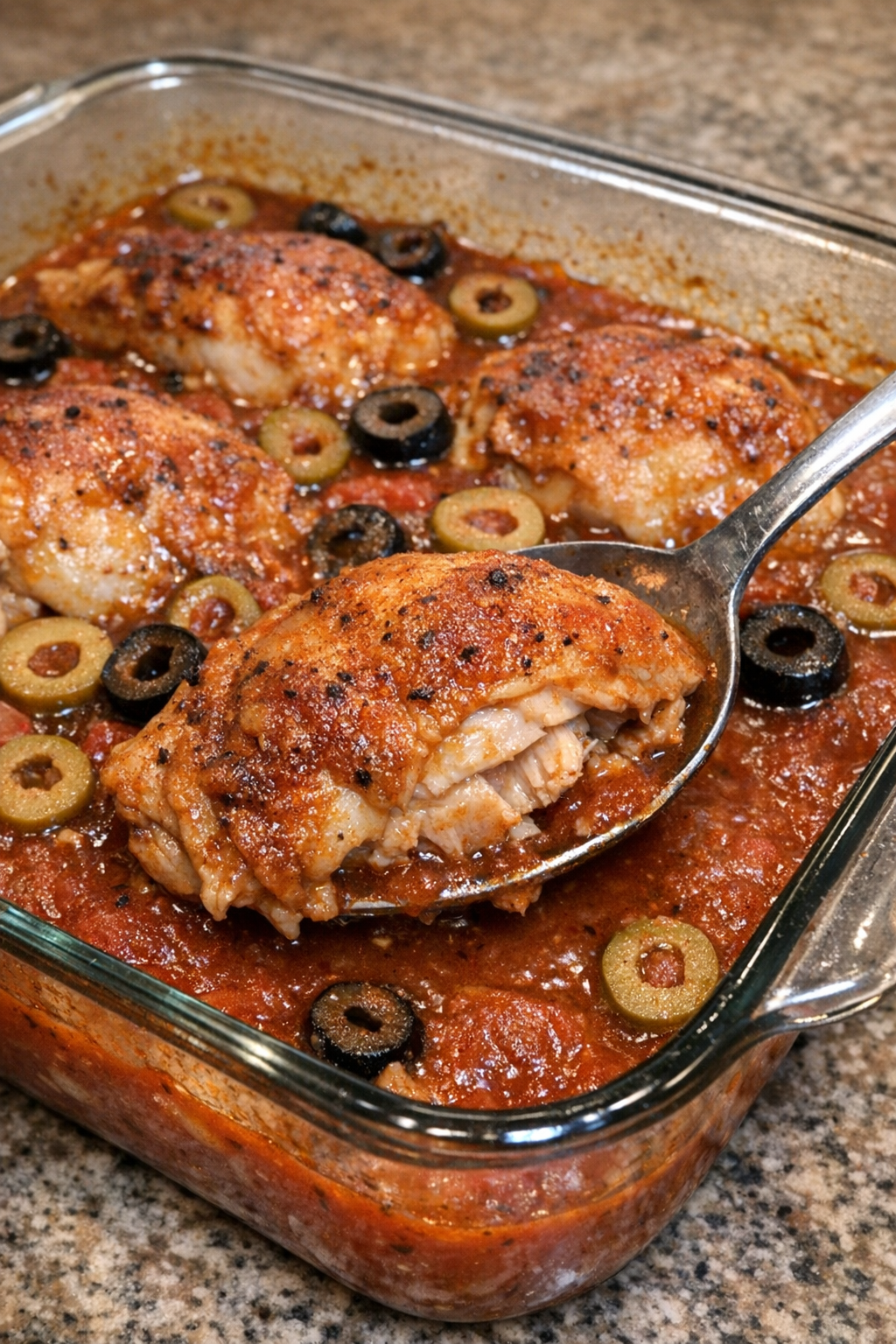 Golden chicken in tomato paprika sauce with olives in a Pyrex dish