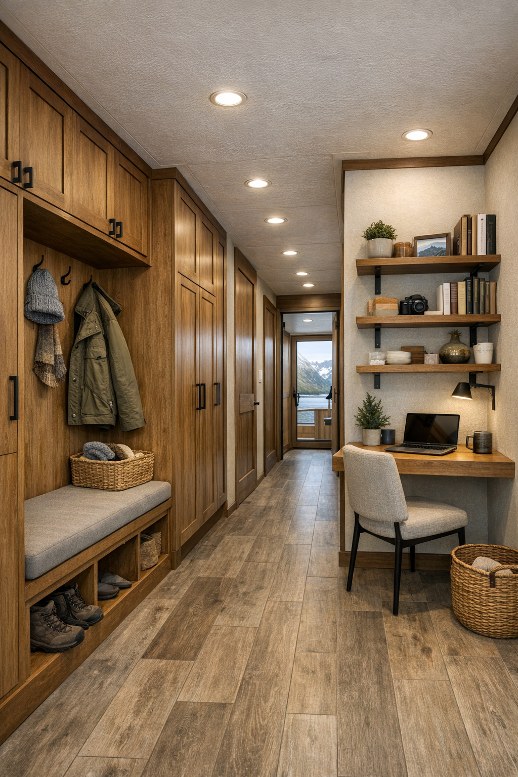 Well-organized secondary space with built-in storage, office nook, and warm modern finishes