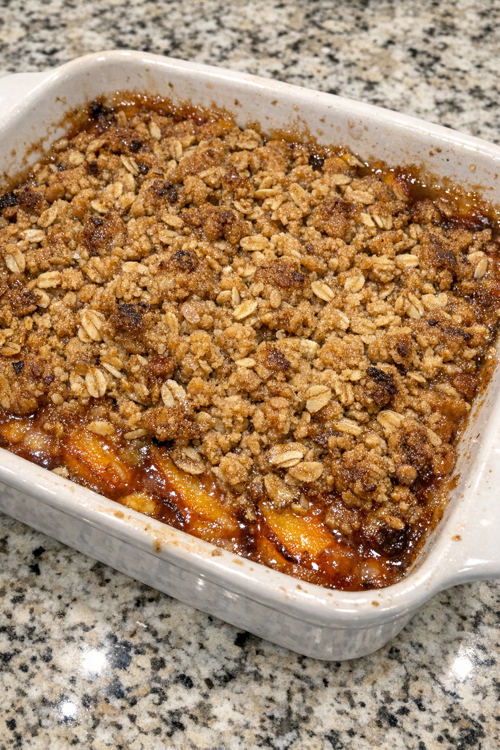 Finished nectarine crisp with golden topping