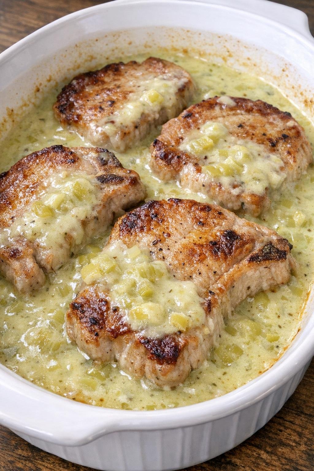 Golden pork chops in creamy leek sauce in a white casserole dish