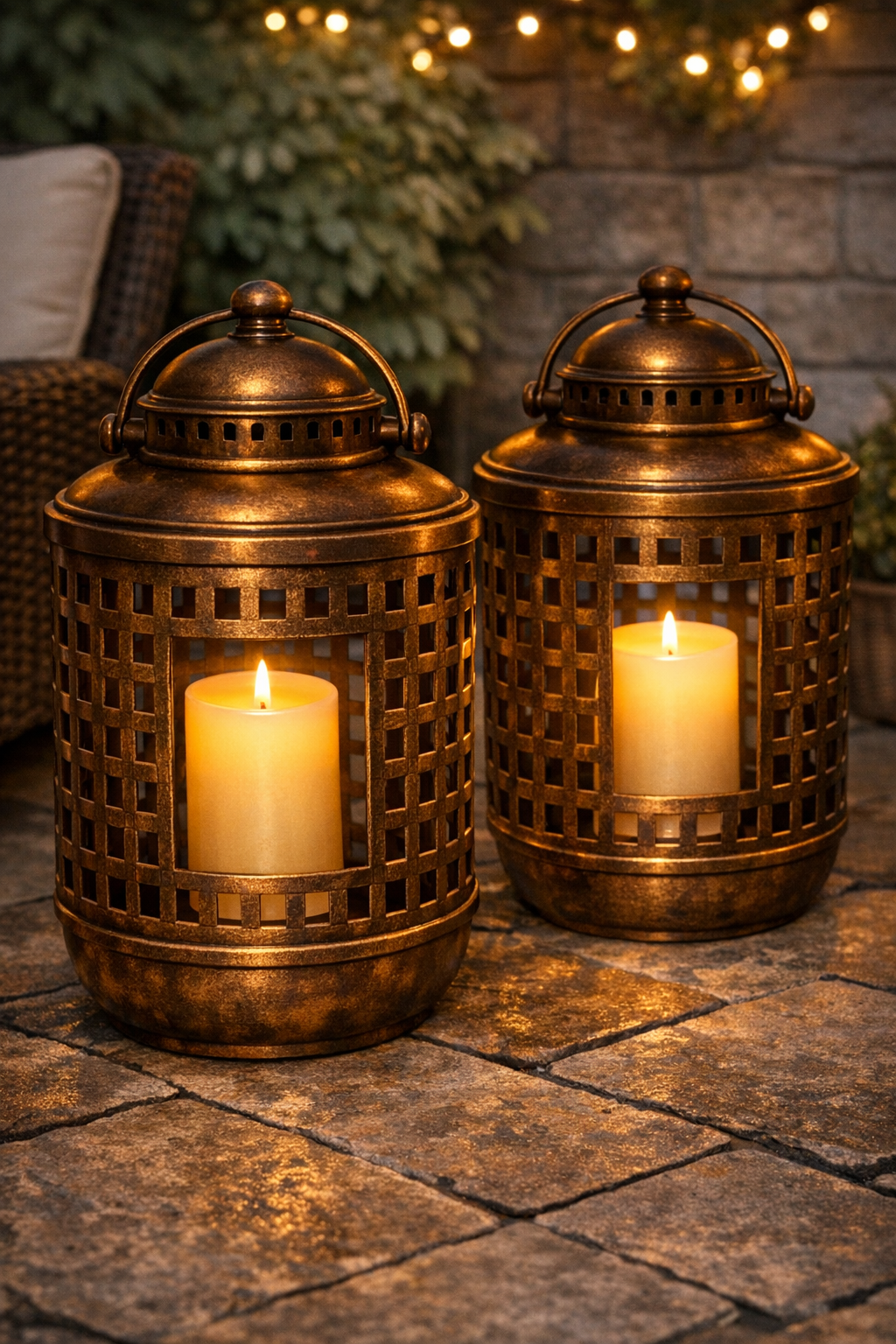 Finished faux bronze patio lanterns glowing with warm white LED candles