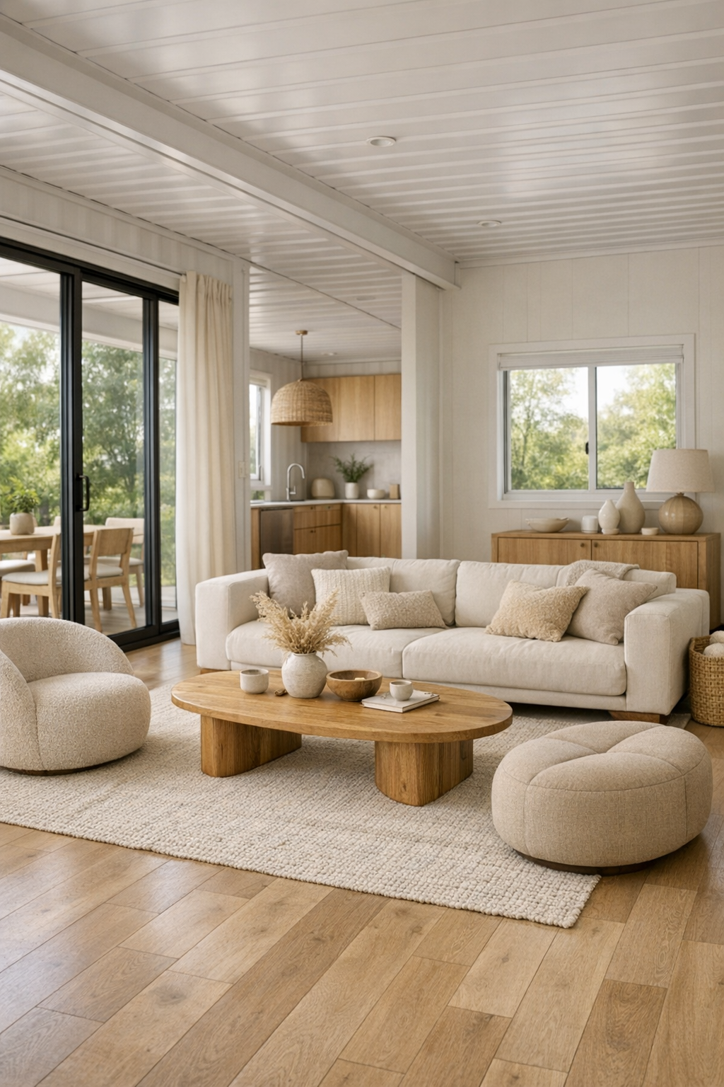 Warm accessible living room with oatmeal tones and soft modern seating