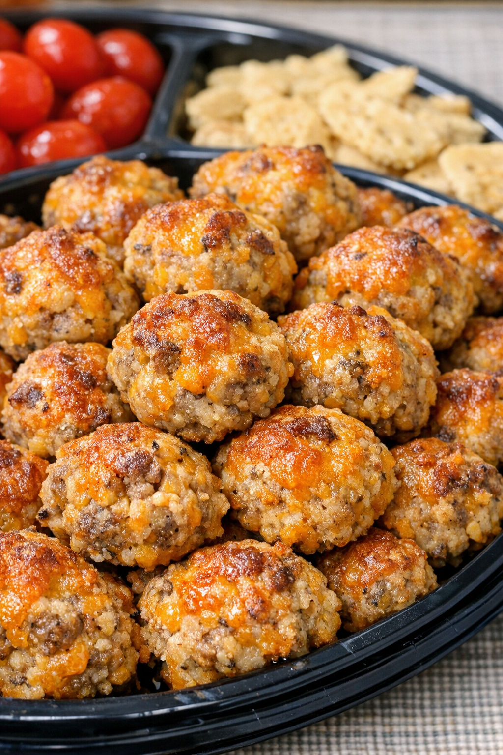 Southern 3-ingredient sausage balls on a potluck tray