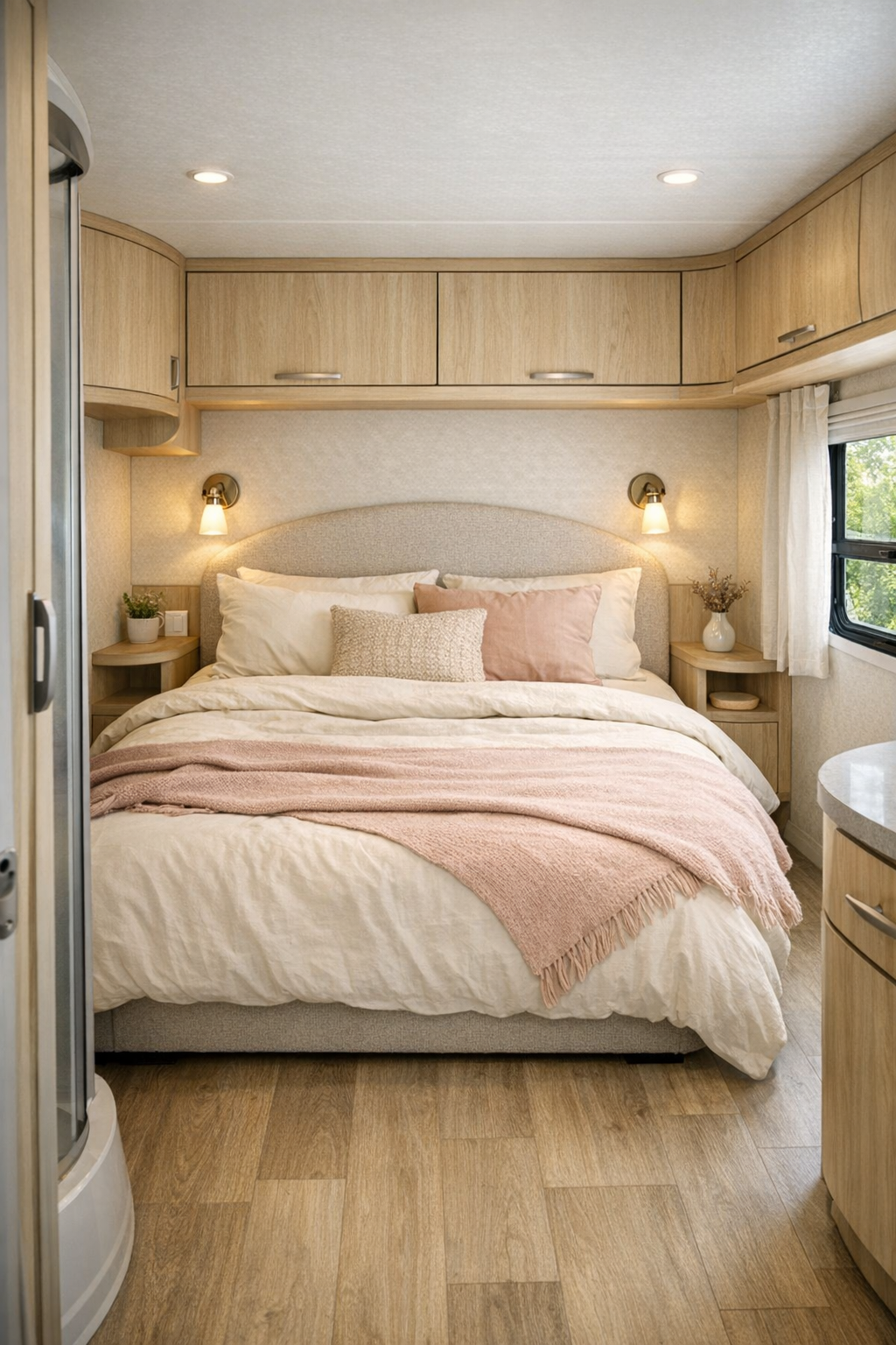 RV bedroom with soft neutral bedding, curved headboard, and pale wood storage