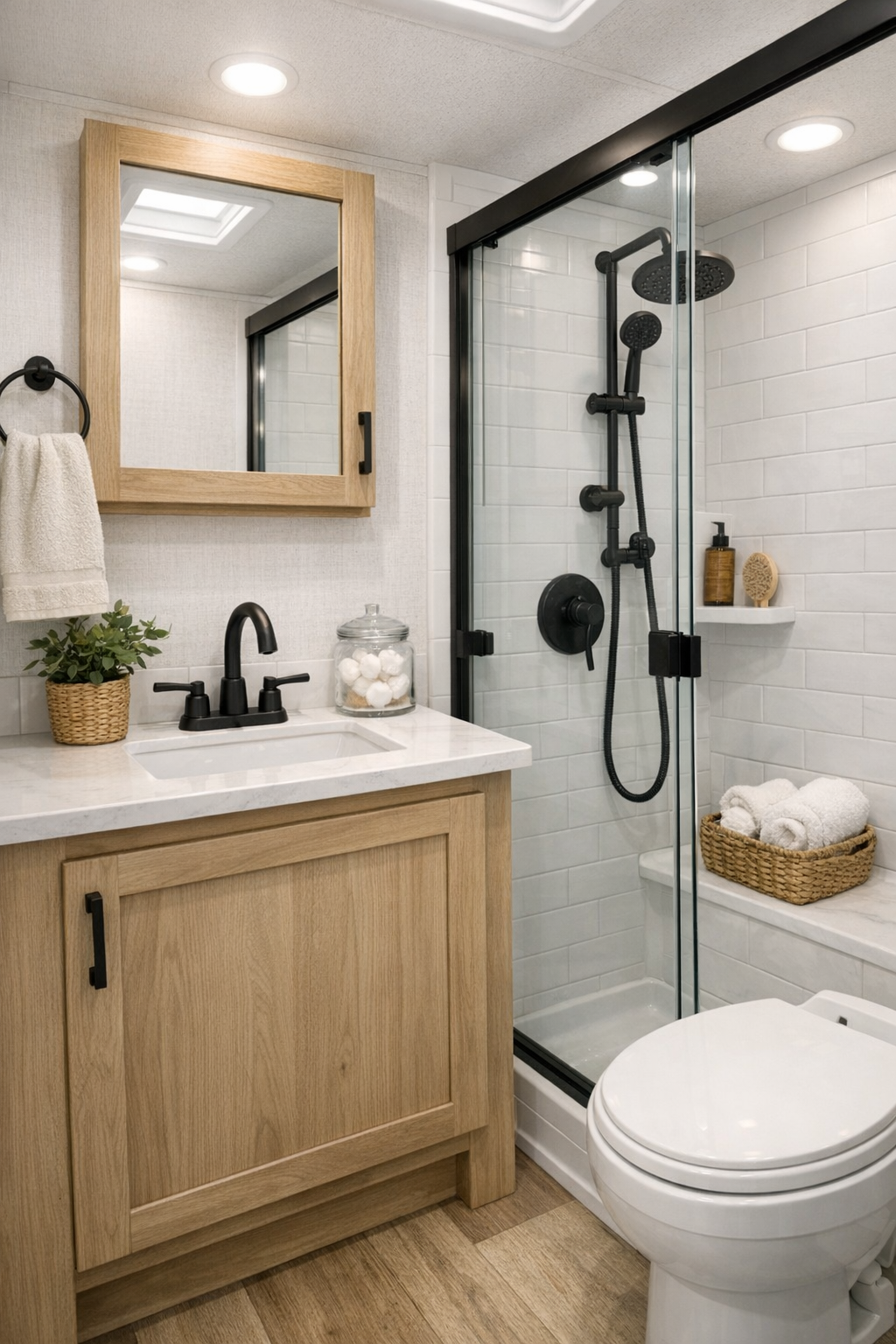Fresh modern farmhouse RV bathroom with a wood vanity, white tile, and black fixtures