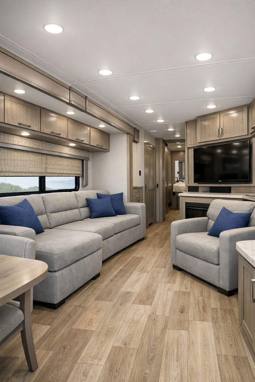 Modern accessible RV living room with gray seating and indigo accents