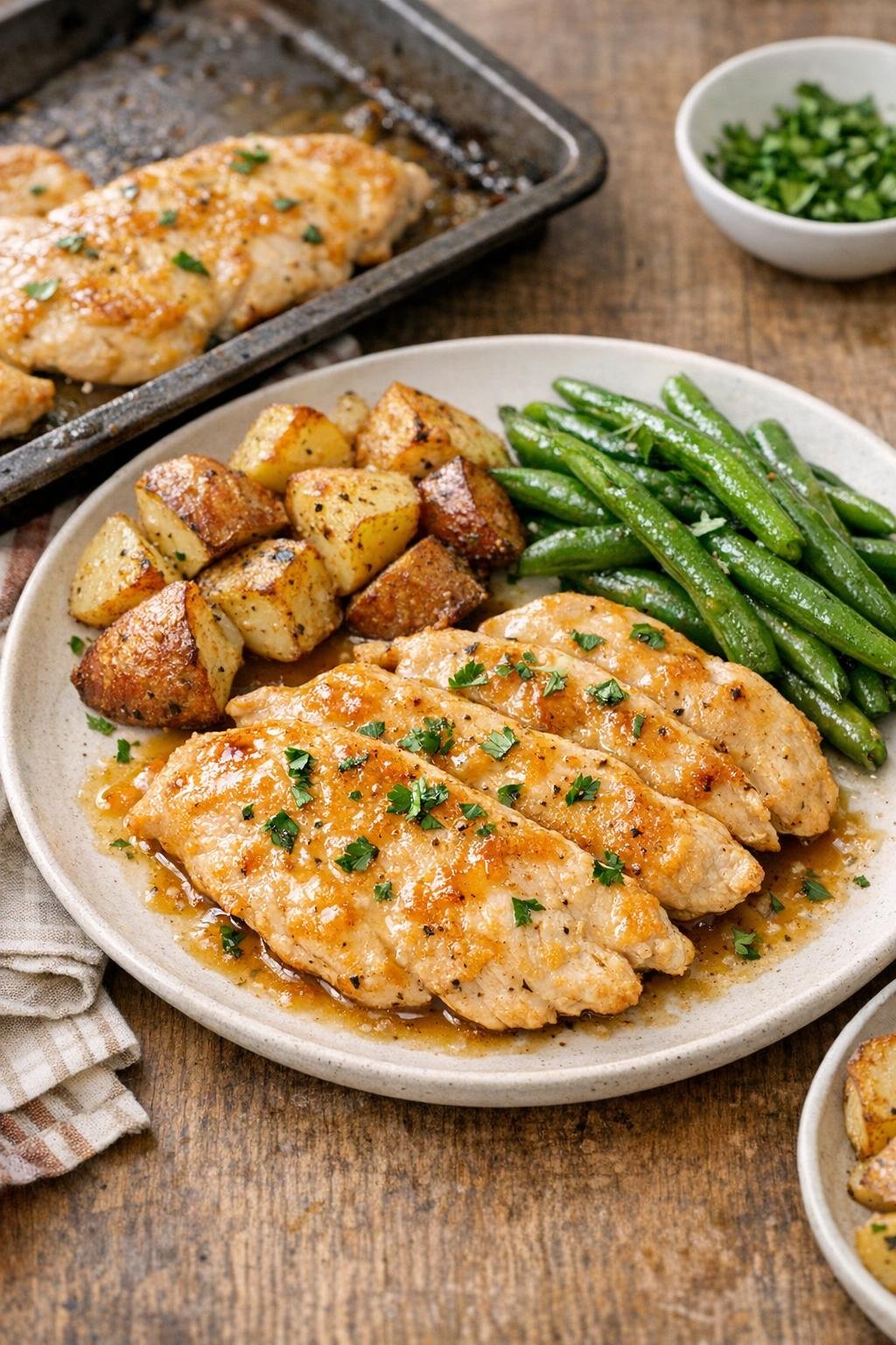Finished plated oven chicken with a golden glazed surface