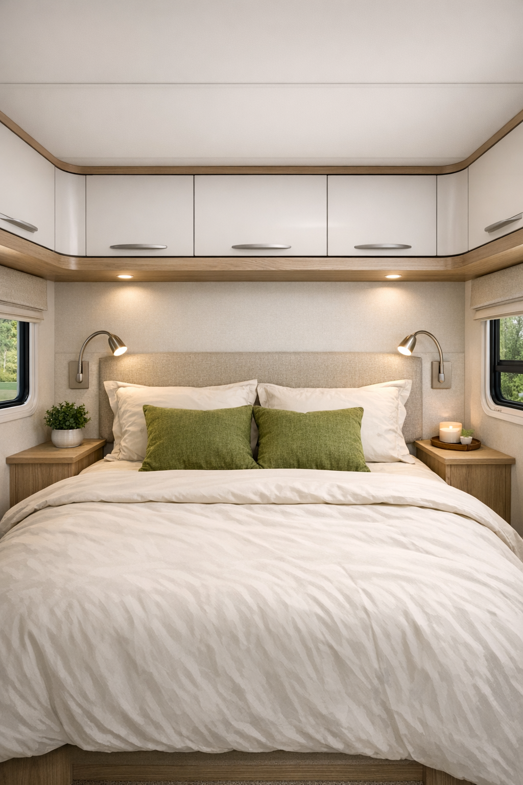 RV bedroom with cream bedding, flax headboard, and pale oak storage
