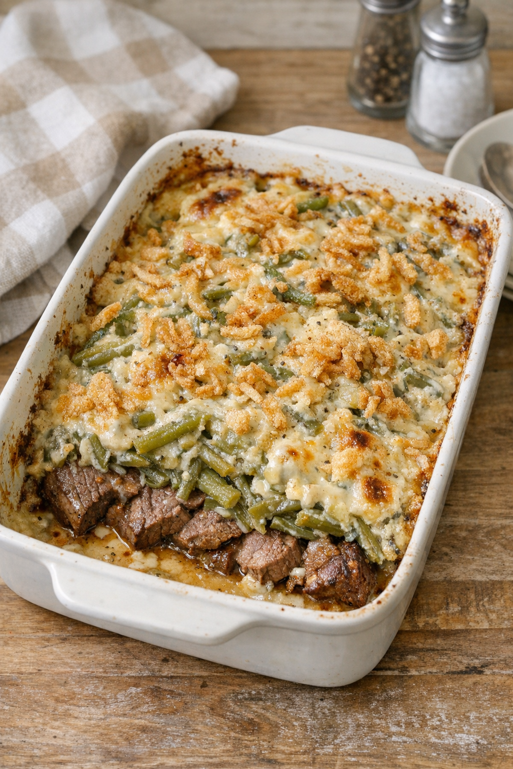 Finished Amish beef and green bean casserole baked until hot and creamy