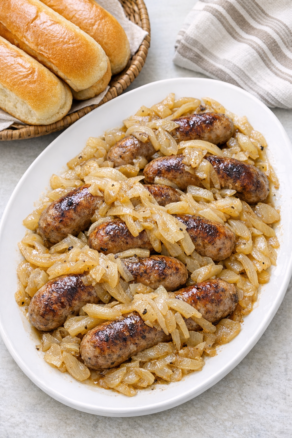 Finished slow cooker pork brats with onions on a platter