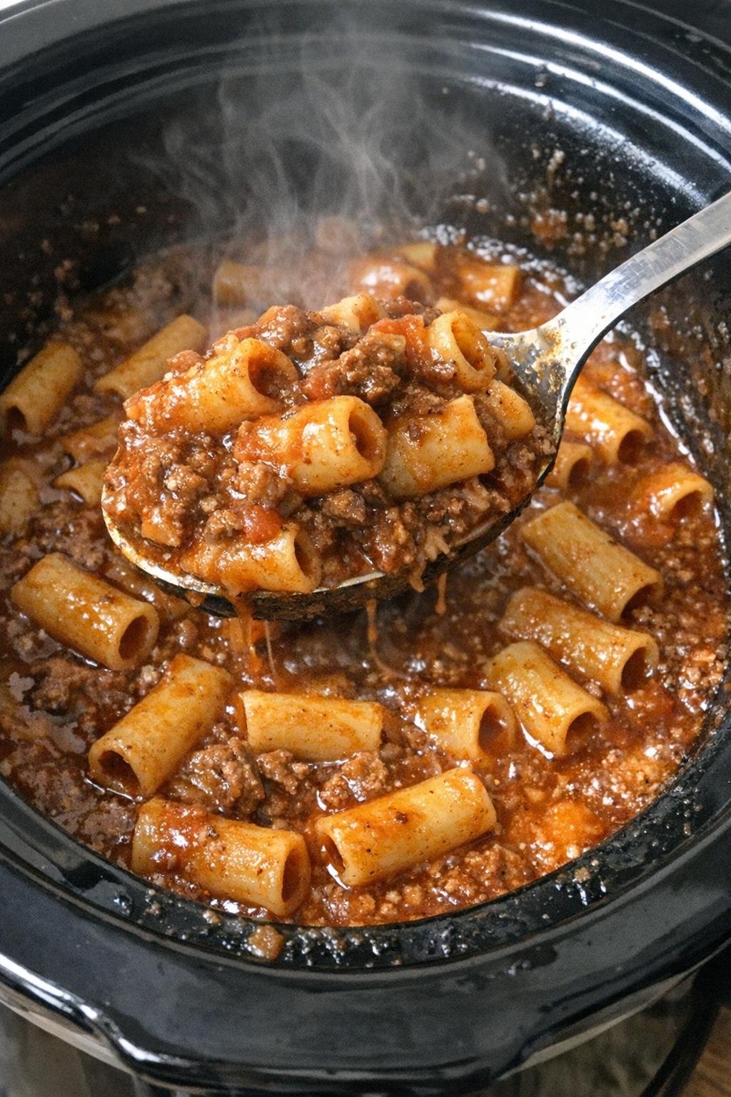 Slow cooker pasta in rich savory sauce