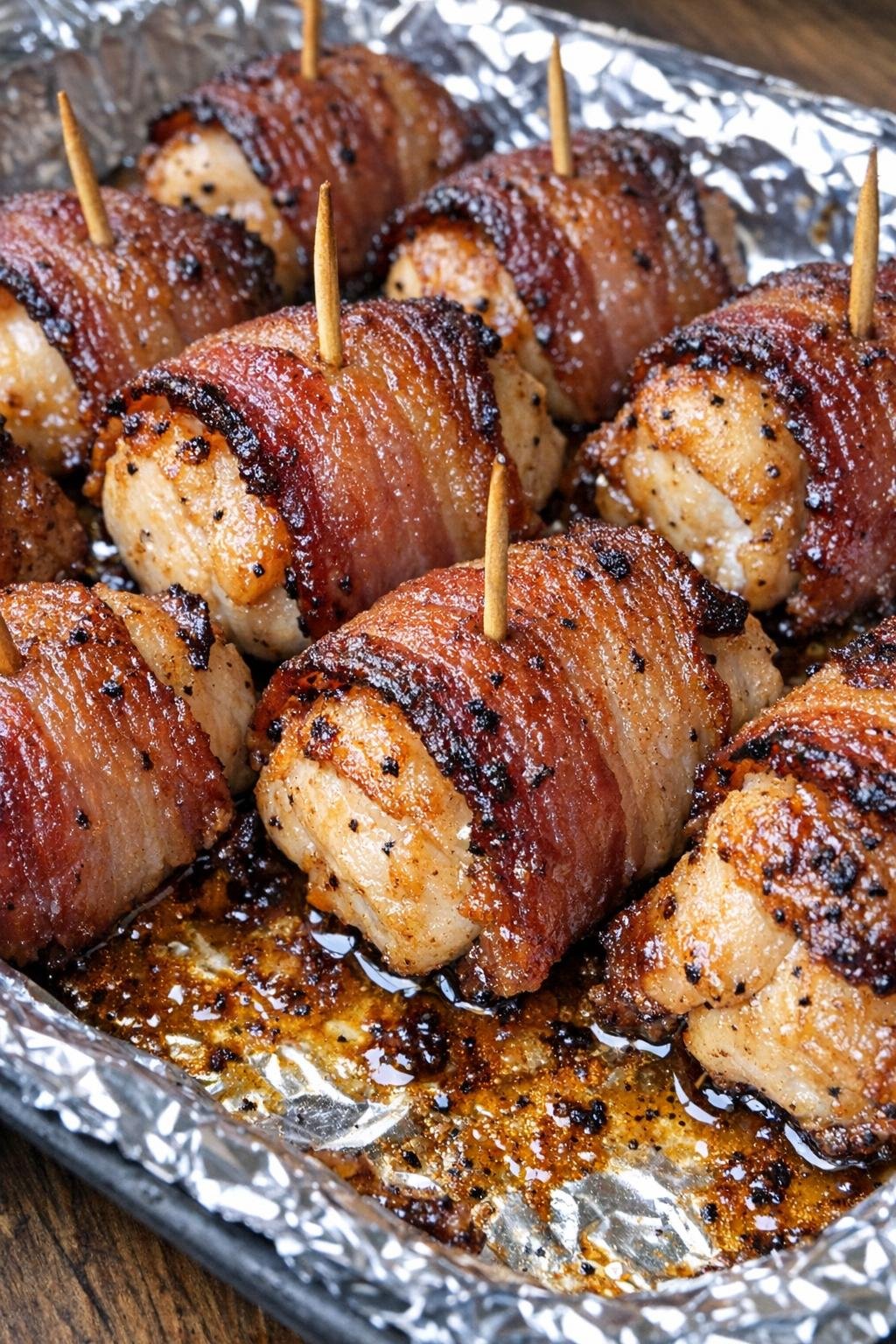 Bacon-wrapped chicken bites on a foil-lined tray