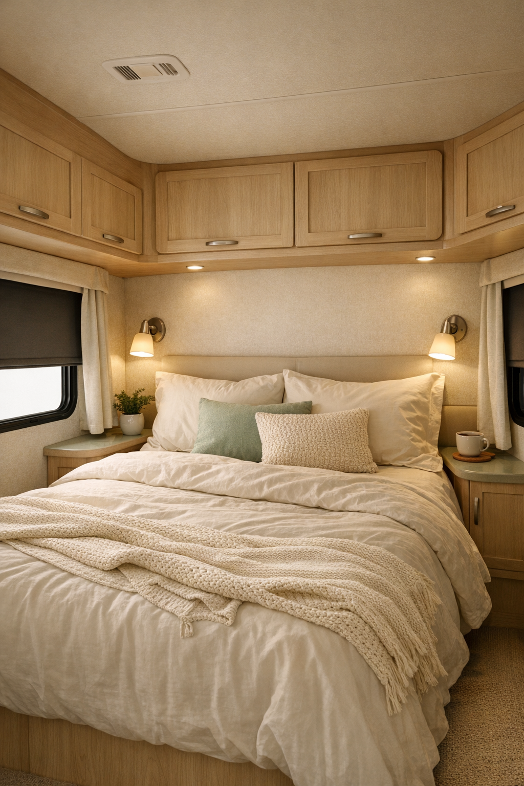 Calm RV bedroom with soft ivory bedding, pale wood built-ins, and muted green accents