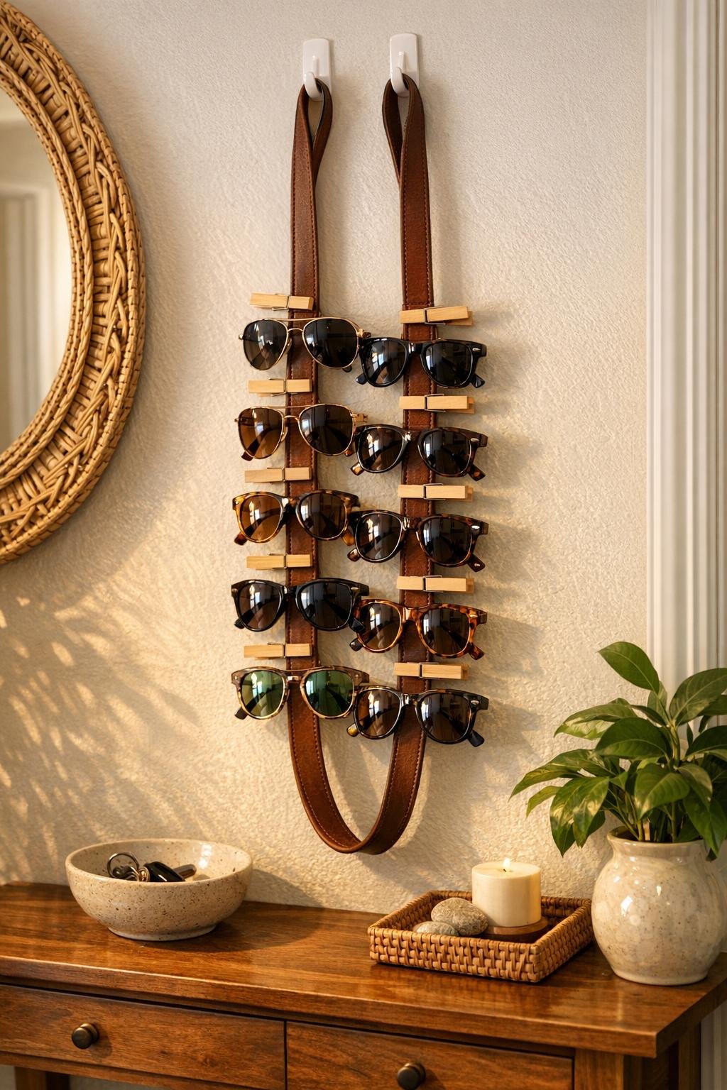 Finished DIY sunglasses holder made from clothespins clipped onto a brown leather belt in an entryway