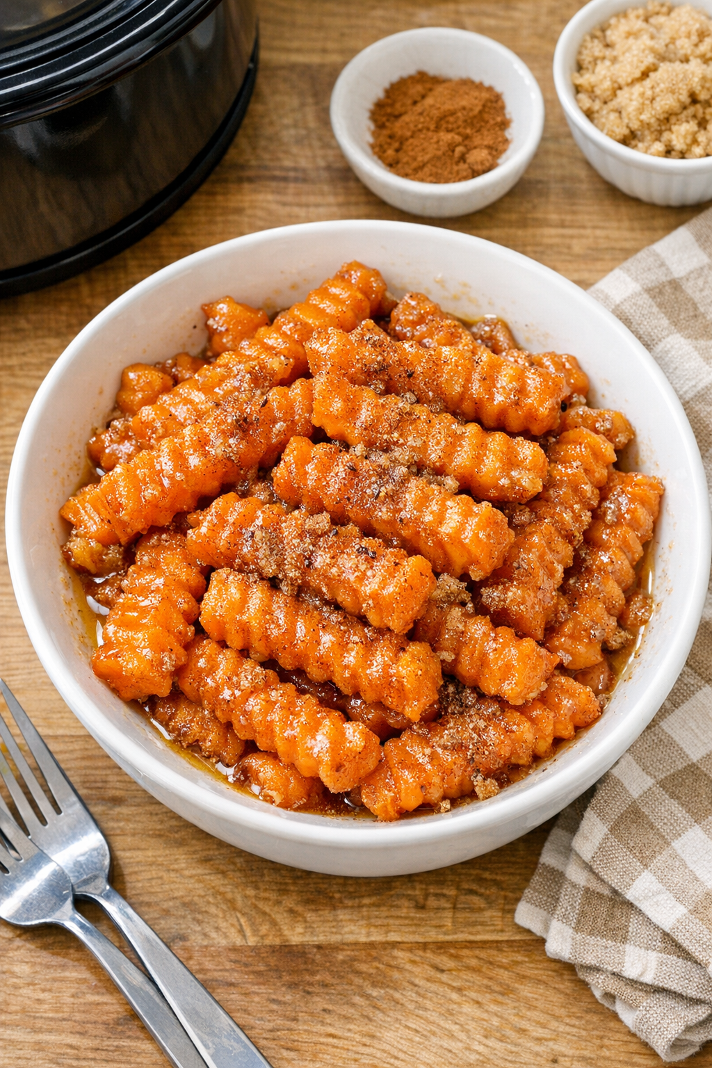 Finished slow cooker sweet potato fries in a serving bowl
