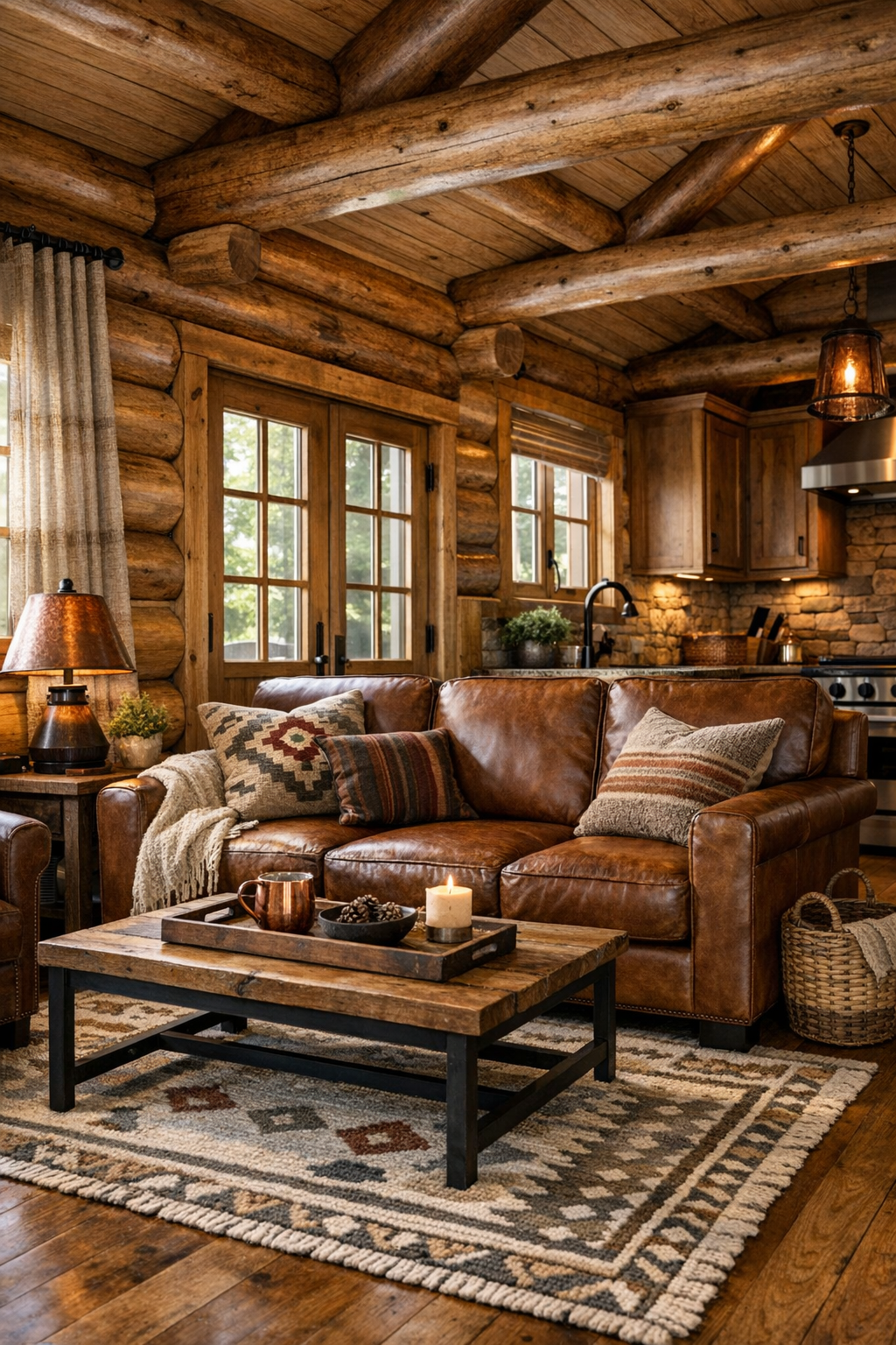 Rustic log cabin RV living room with leather seating, copper accents, and exposed timber walls