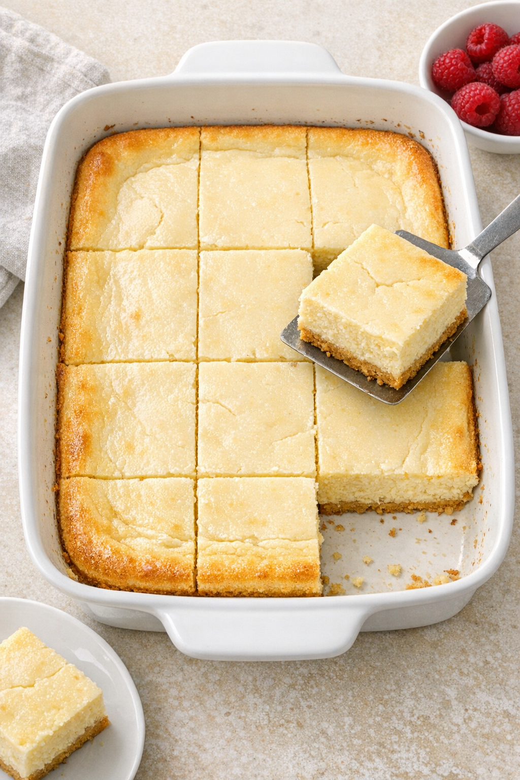 Finished baked cheesecake-style dessert in a casserole dish