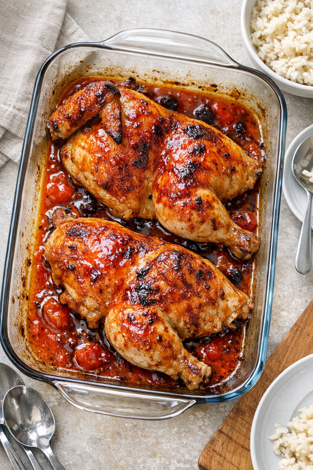 Finished baked chicken halves in a glass casserole dish