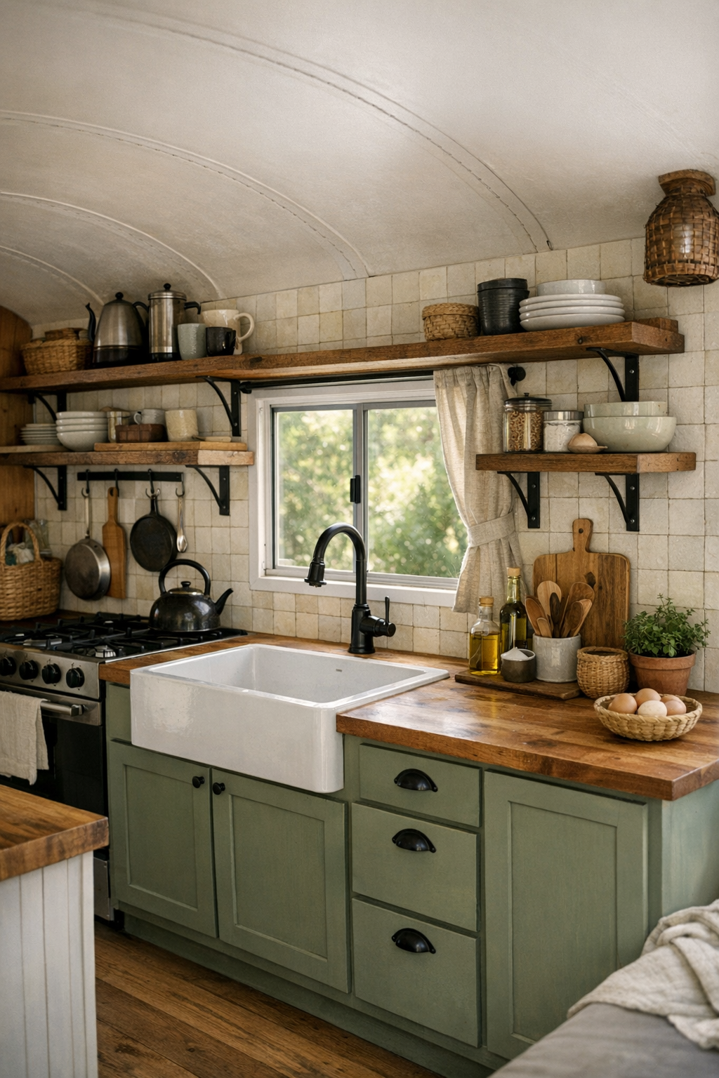 Galley kitchen inside a rustic converted bus with sage cabinetry and butcher block counters