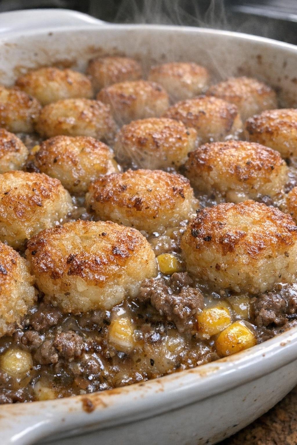 Bubbling beef crown casserole in a ceramic dish