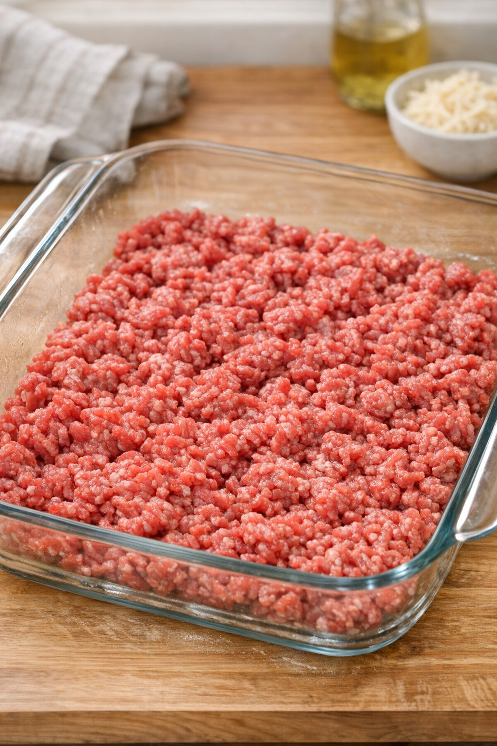 Raw ground beef spread in a baking dish
