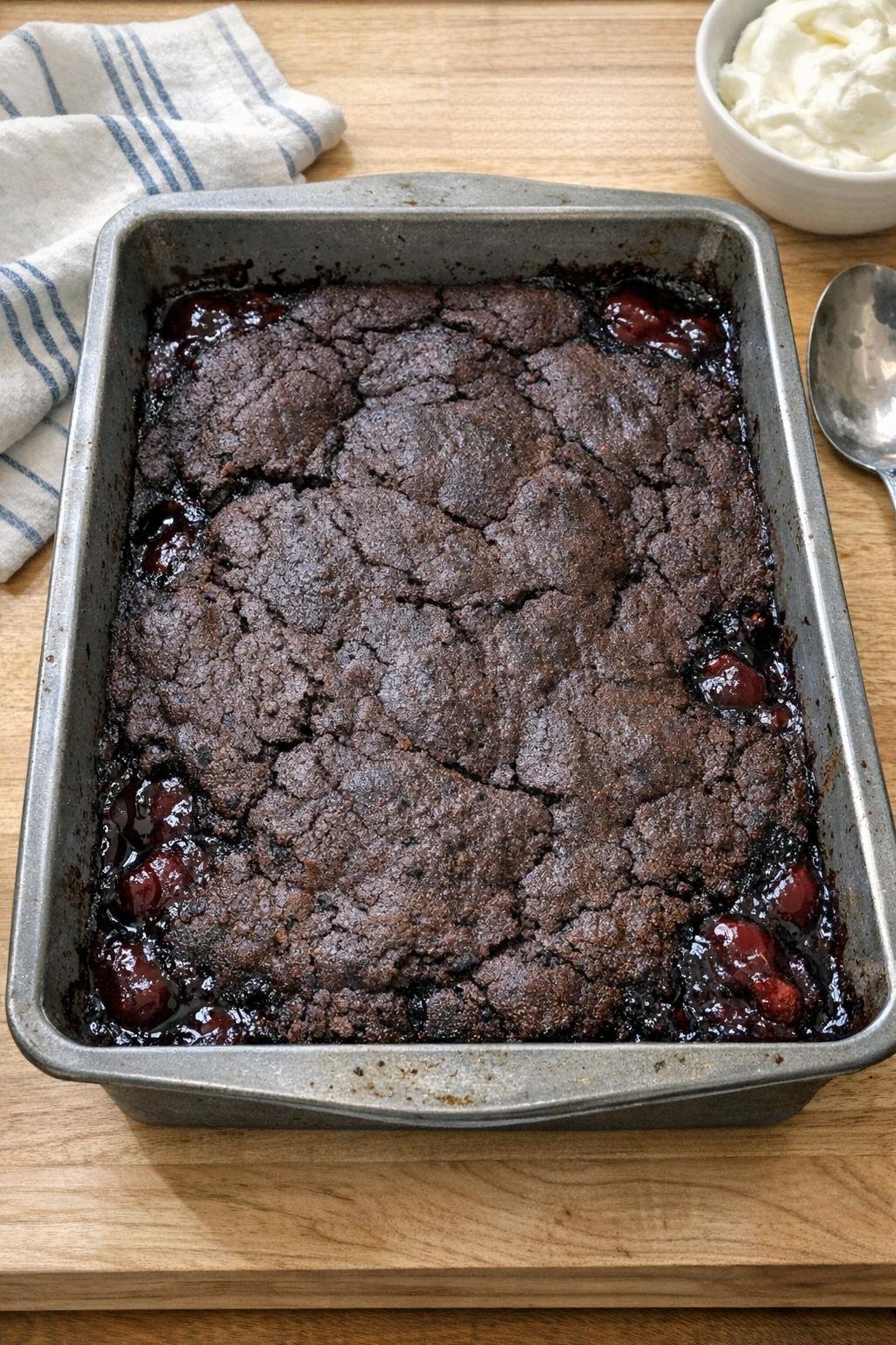 Finished devil's food dump dessert in a baking dish