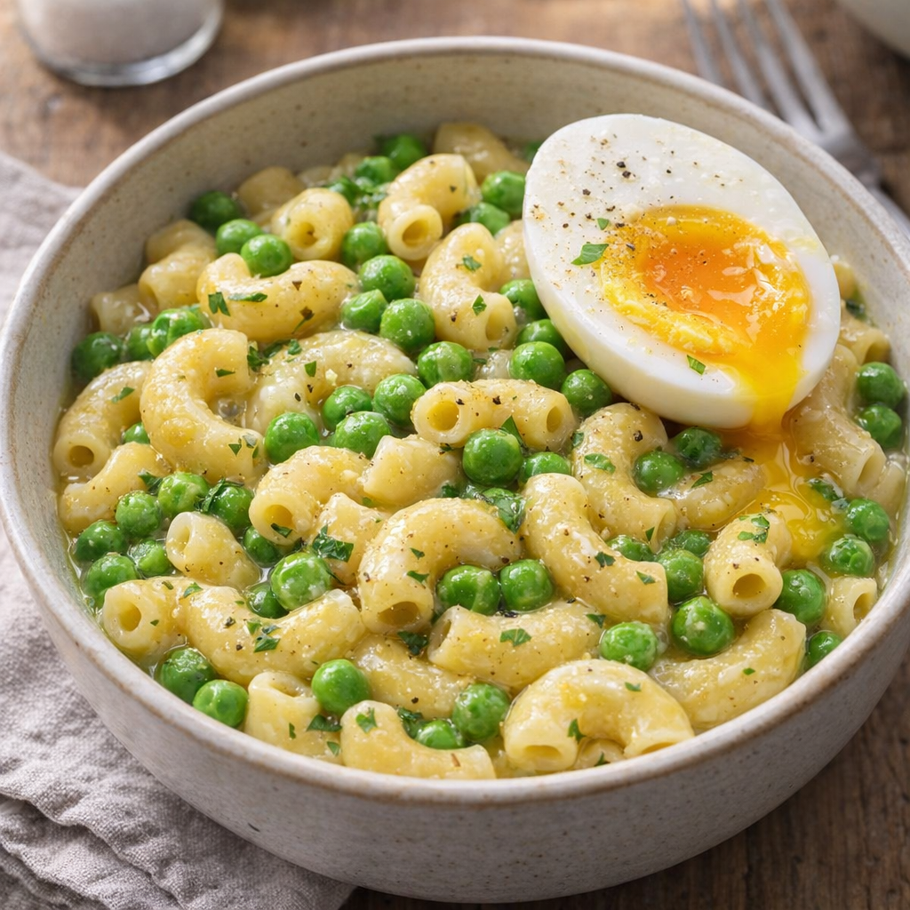 Variation of pea macaroni topped with a soft-boiled egg