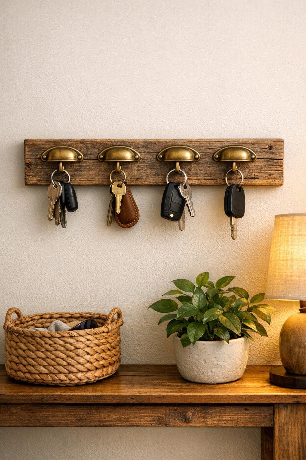 Finished barn wood key hook rack with brass drawer pulls displayed in an entryway