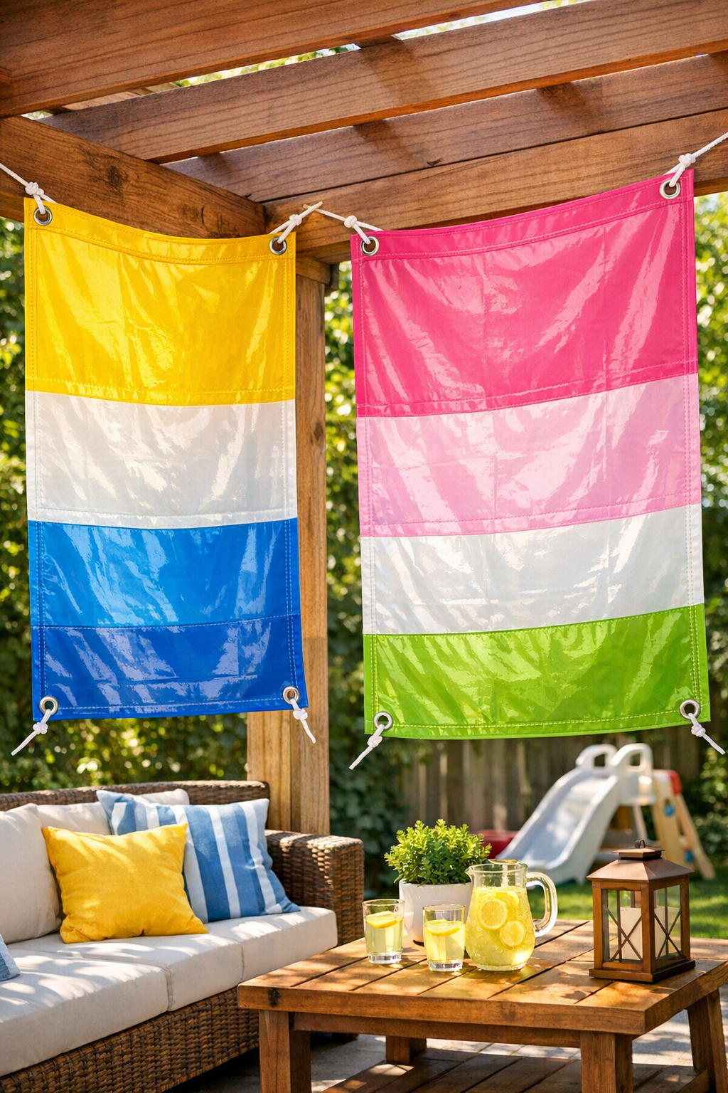 Finished waterproof patio sun shades hanging outdoors