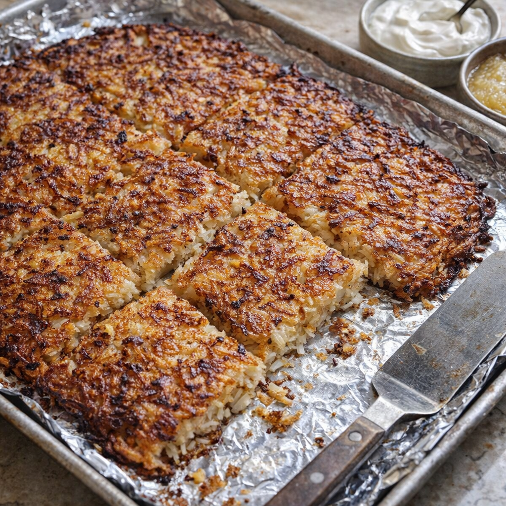 Golden oven-baked potato pancake sliced on a sheet pan