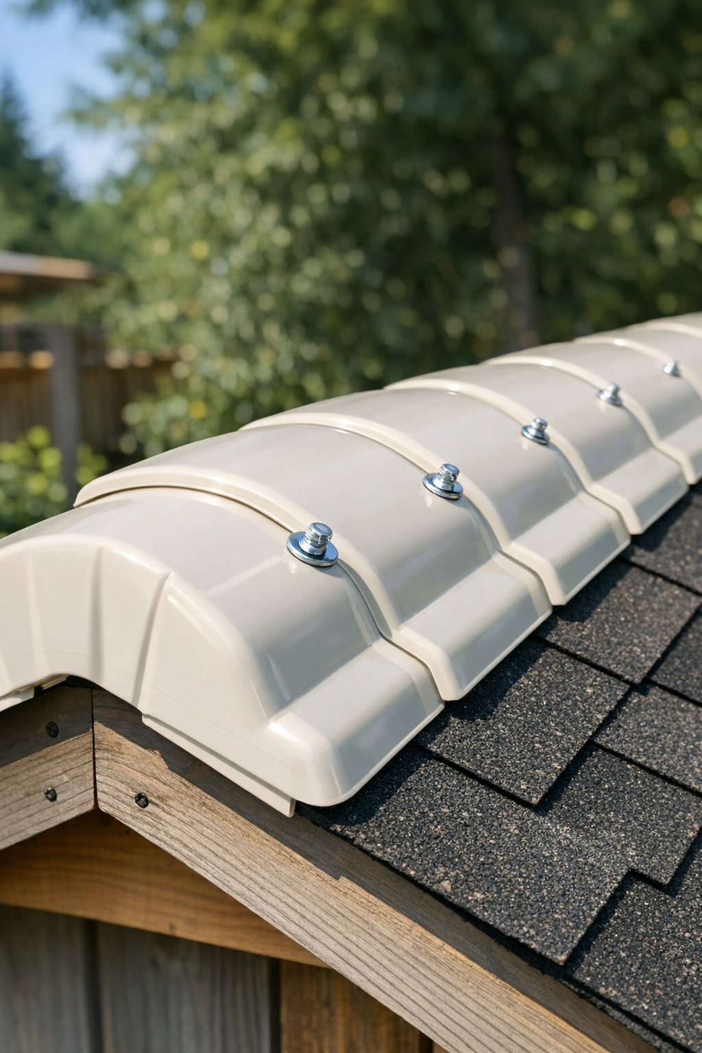Finished heavy-duty roofing cap shingles made from baked plastic cafeteria trays