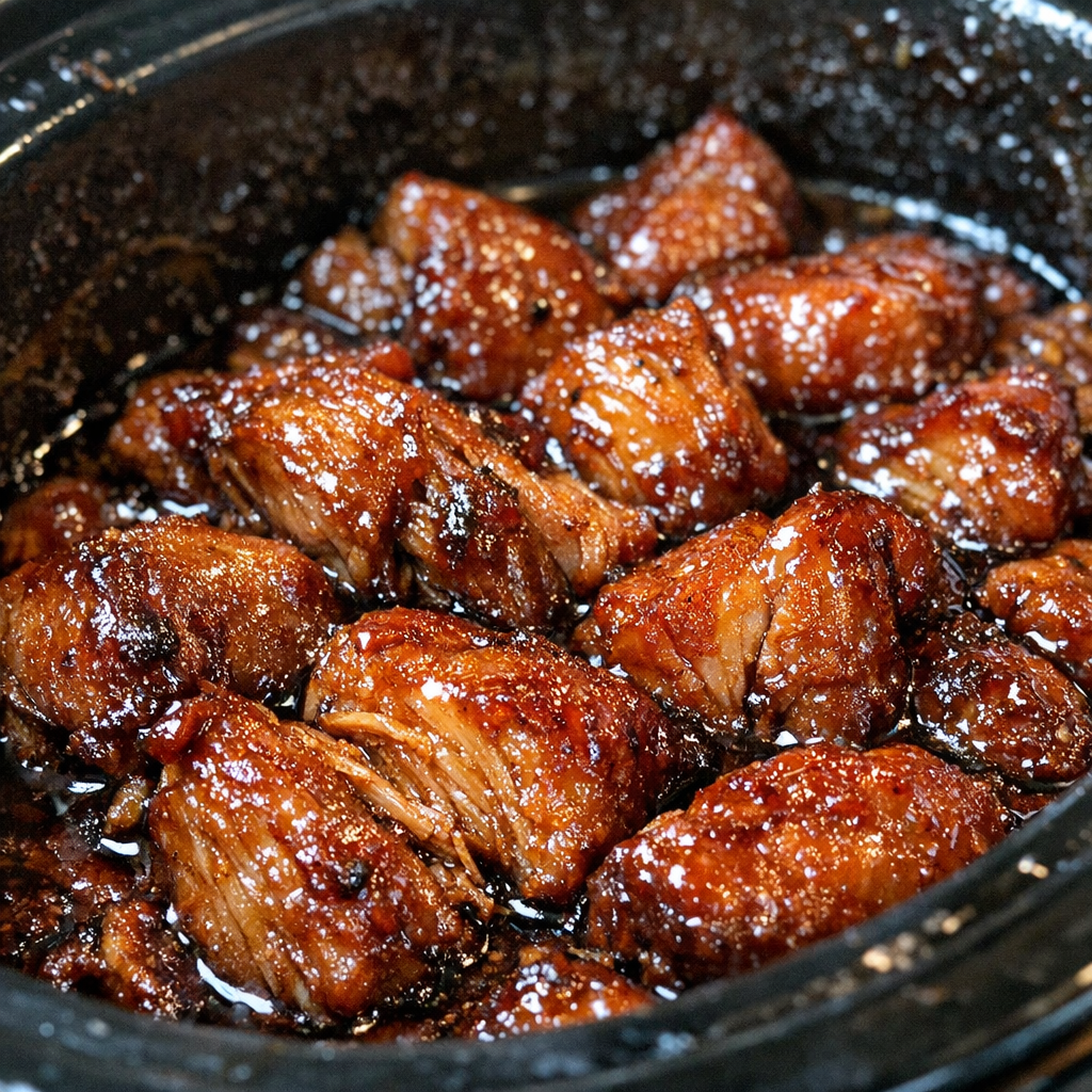 Glazed fibrous protein chunks in a slow cooker