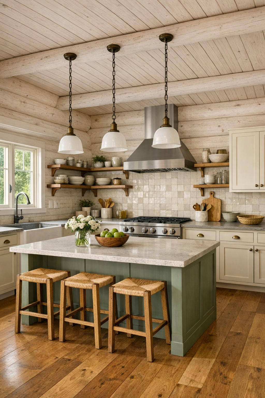 Calm kitchen with pale log walls, warm painted cabinetry, stone counters, and a large island