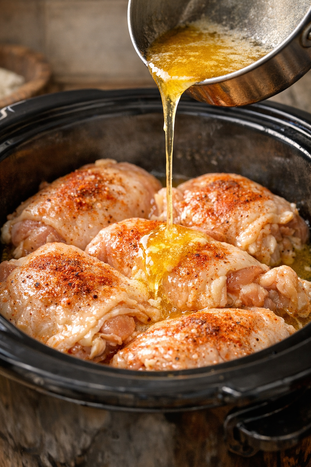 Melted butter being poured over chicken in the slow cooker