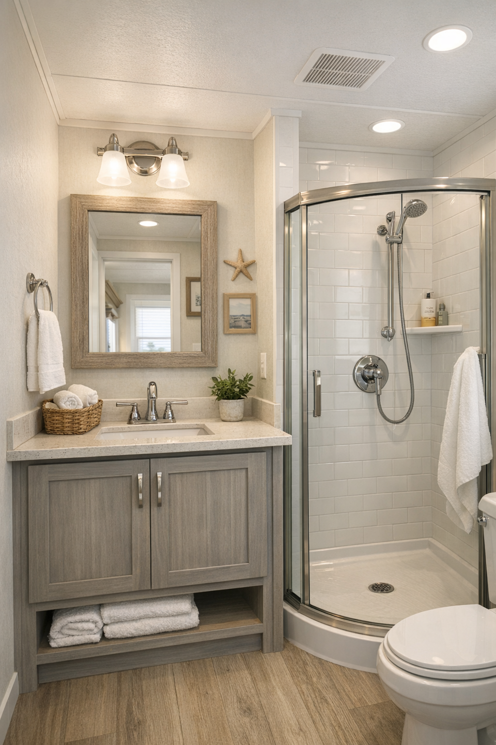 Fresh coastal bathroom with light finishes and compact vanity