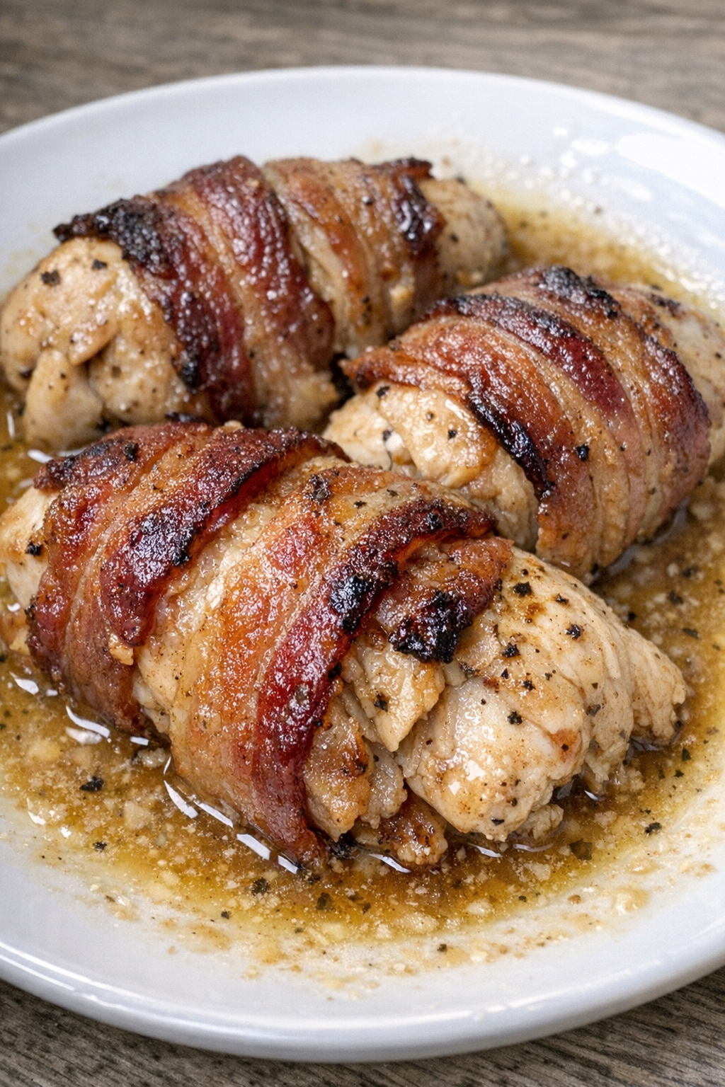 Finished Amish bacon chicken in pan juices on a white plate