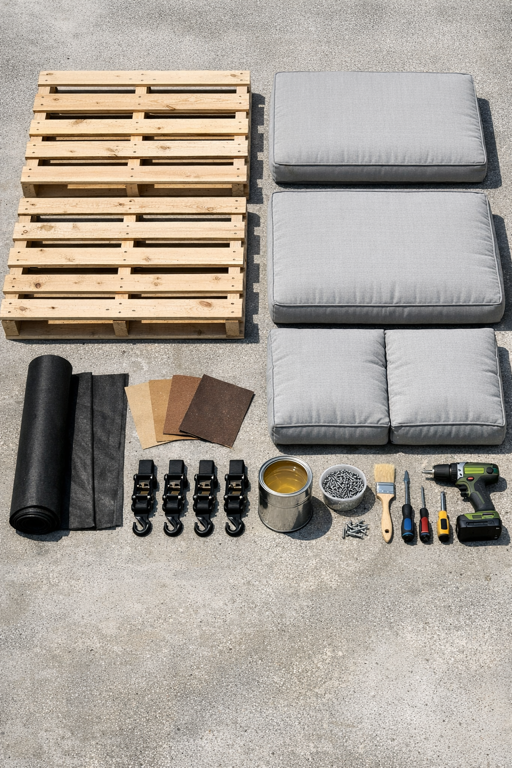 Materials laid out for a pallet lounge daybed project