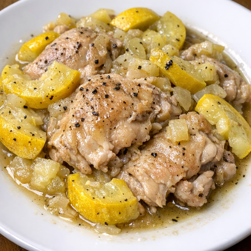 Slow cooker chicken and summer squash plated on a white ceramic plate