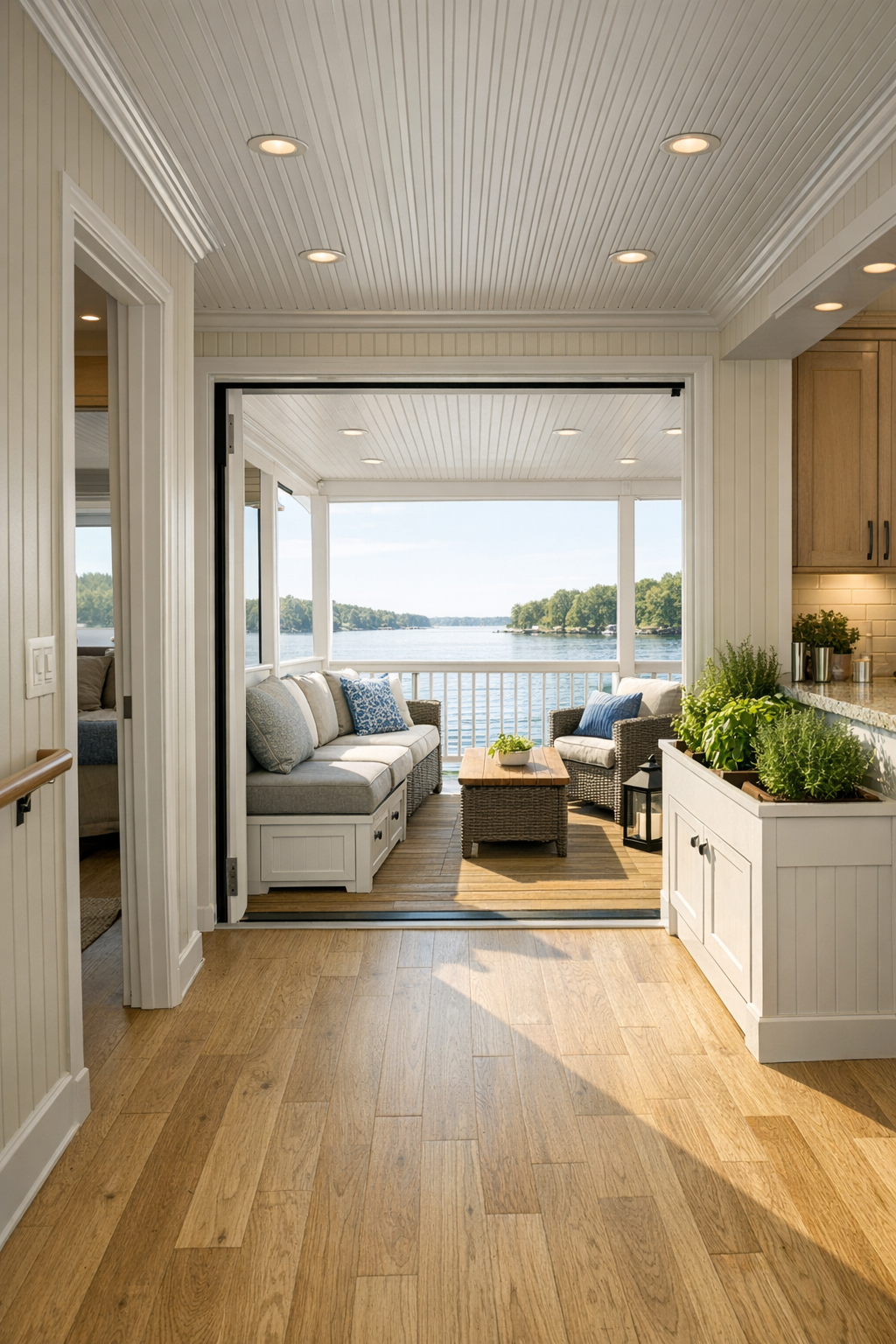 Bright hallway and covered deck area with pale oak floors, built-in storage, and comfortable outdoor seating by the water