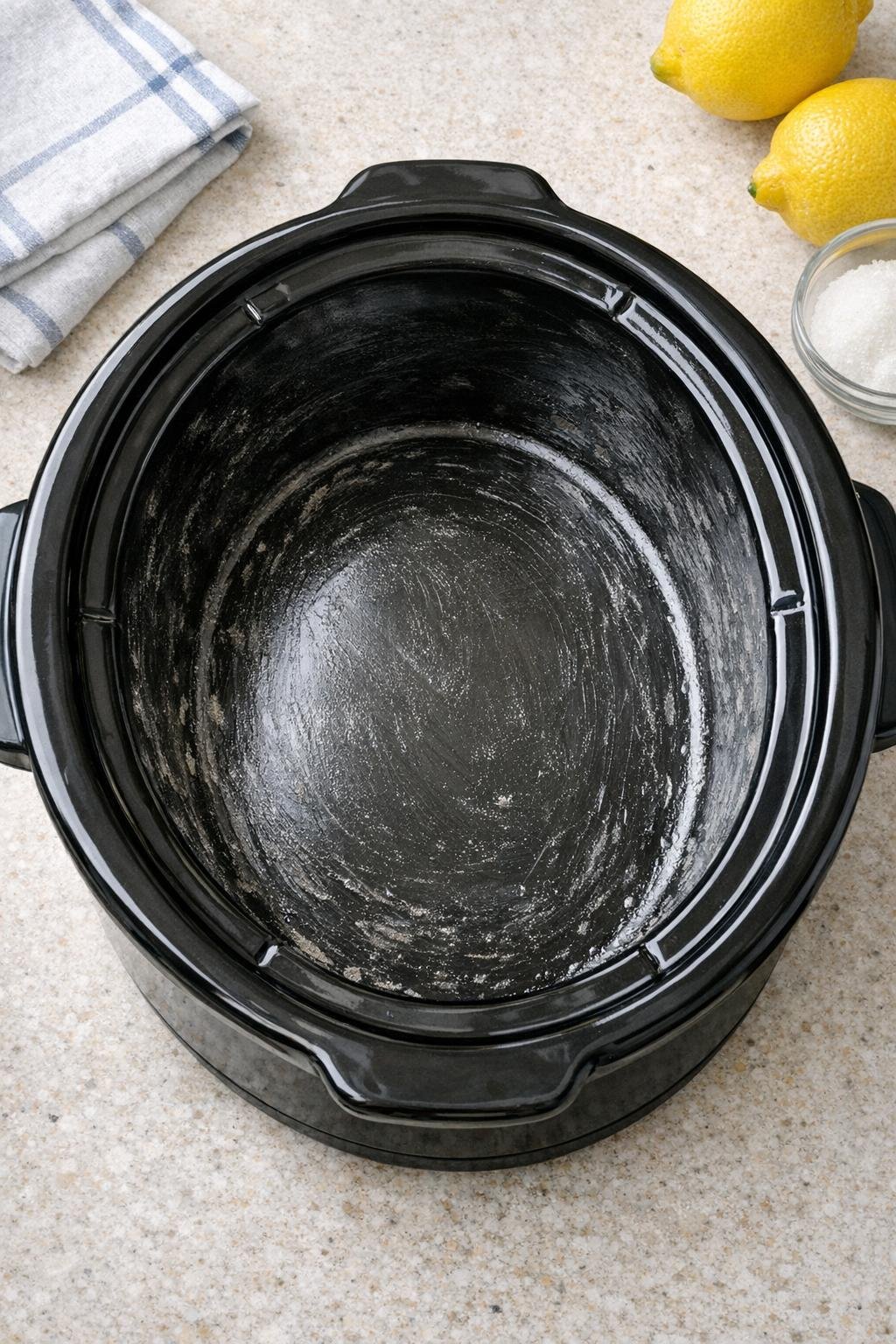 Greased slow cooker ready for cobbler