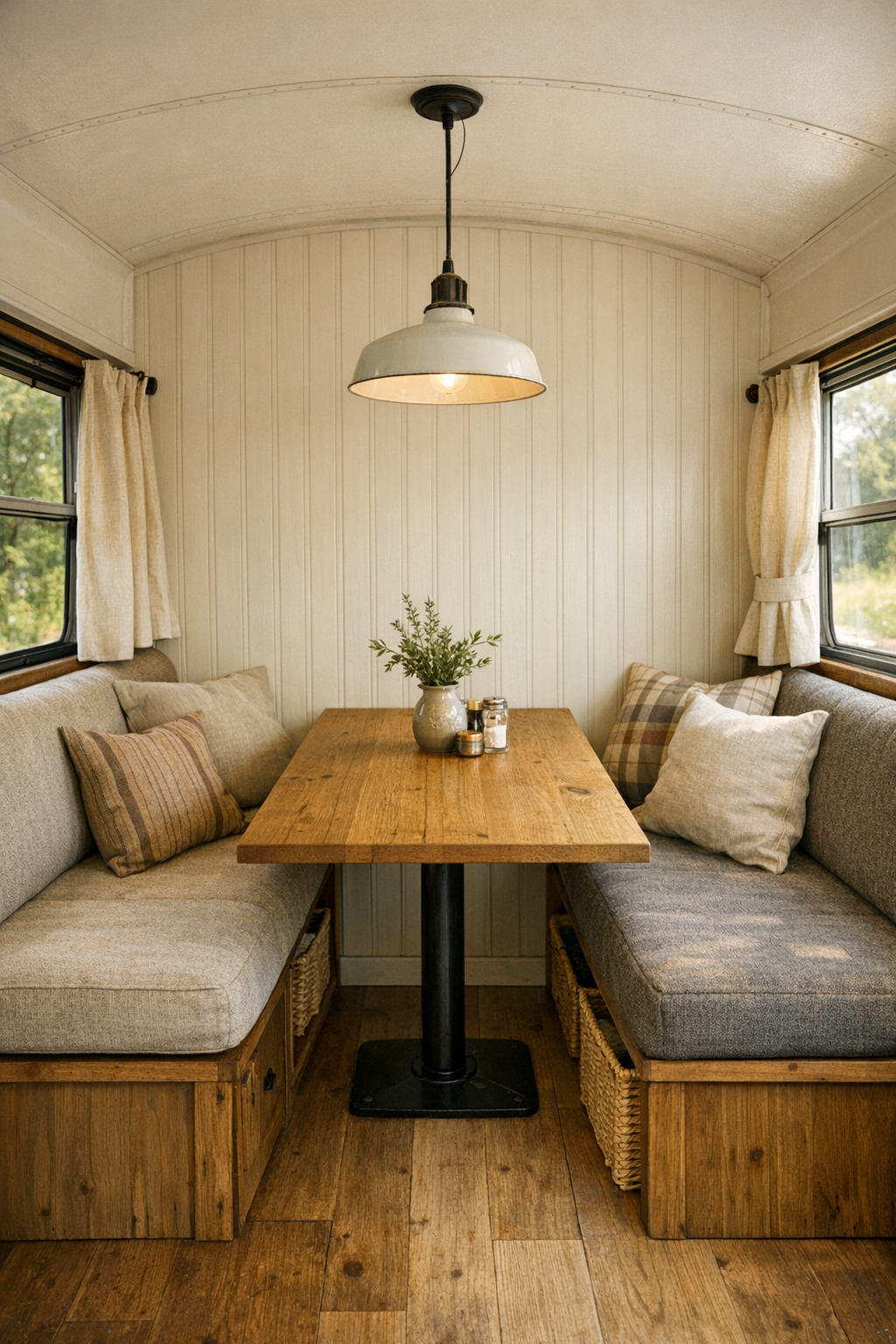Small dining nook in the bus with banquette seating and a natural wood table
