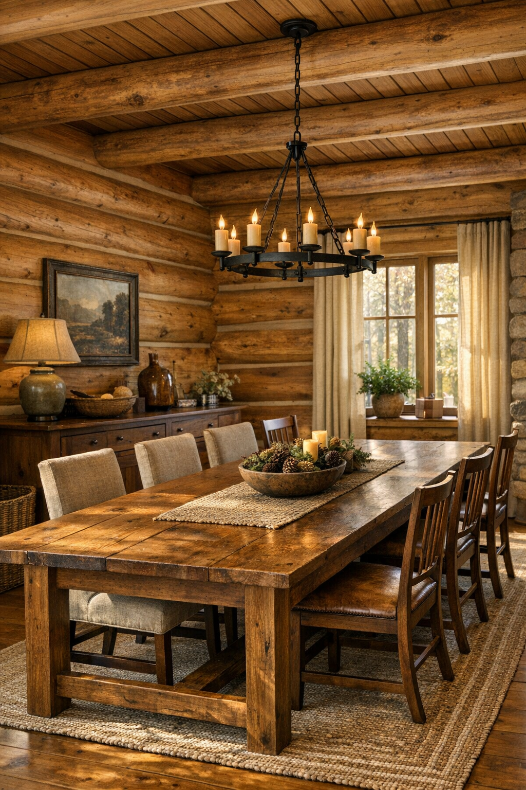 Rustic dining room with solid wood table and warm pine interior