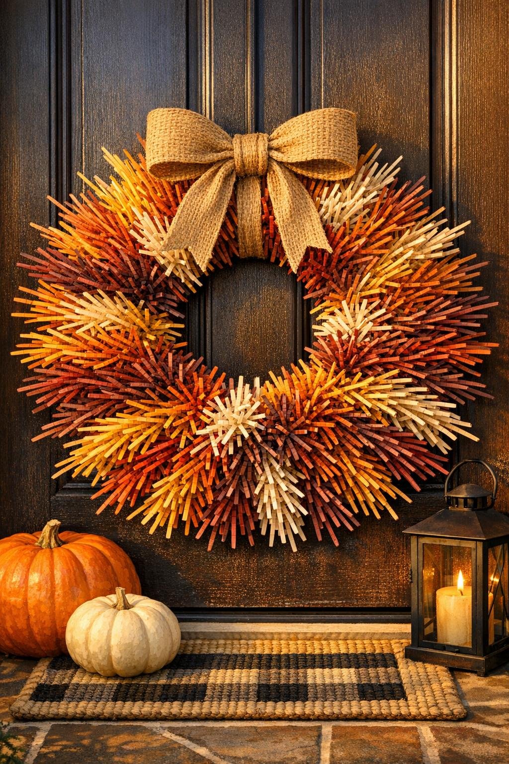 Finished autumn starburst wreath made from zip ties hanging on a front door