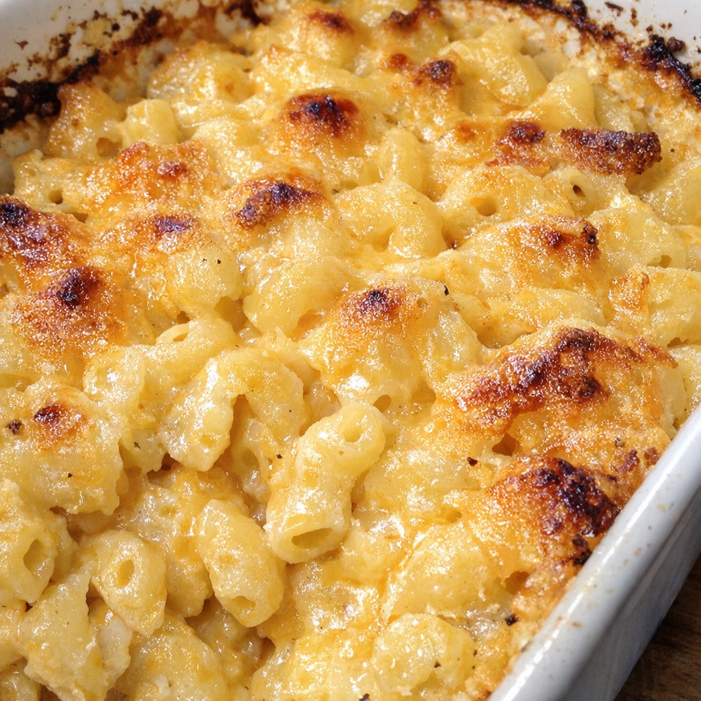 Creamy golden baked macaroni in a white casserole dish